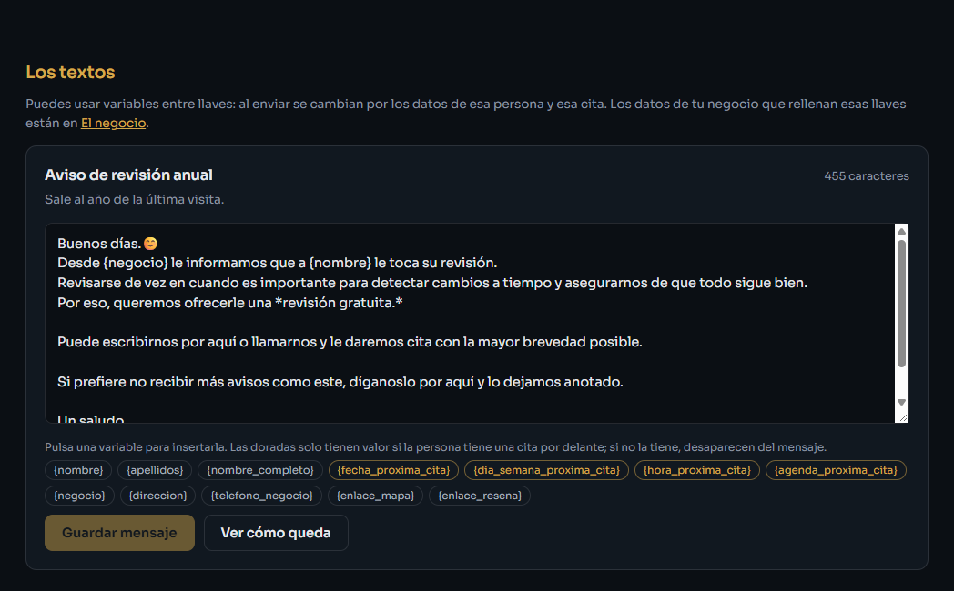 Editor del texto del aviso de revisión anual